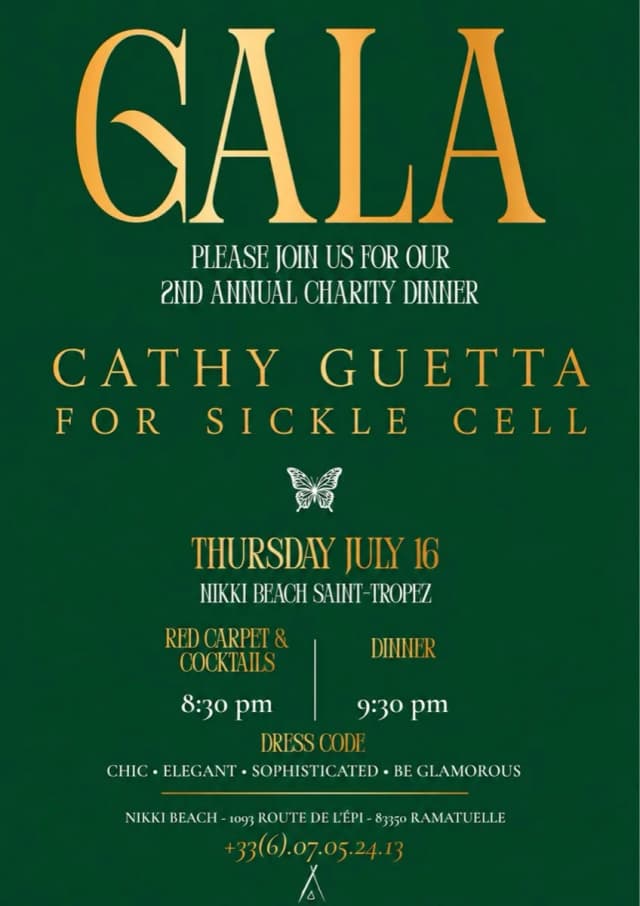 Cathy Guetta for Sickle Cell Gala invitation - July 16, 2026 at Nikki Beach Saint-Tropez